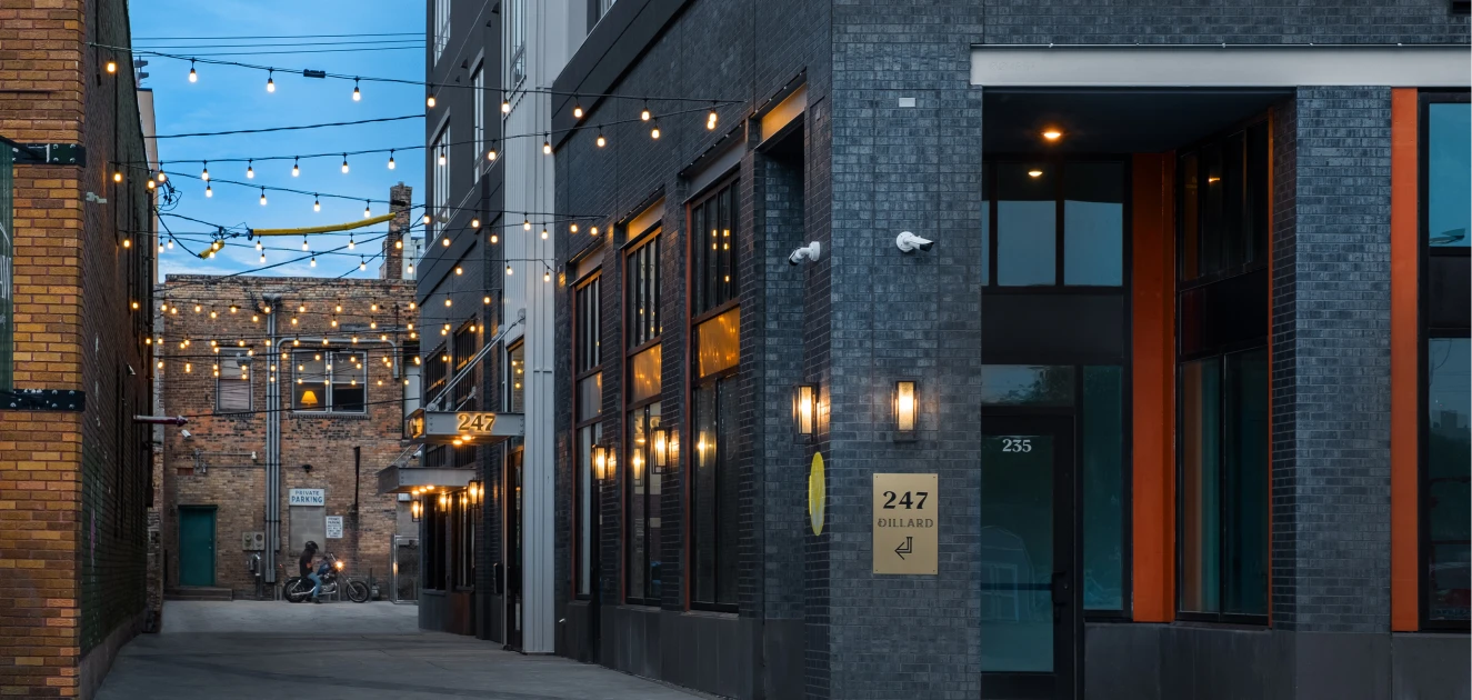 A building with lights on the side.