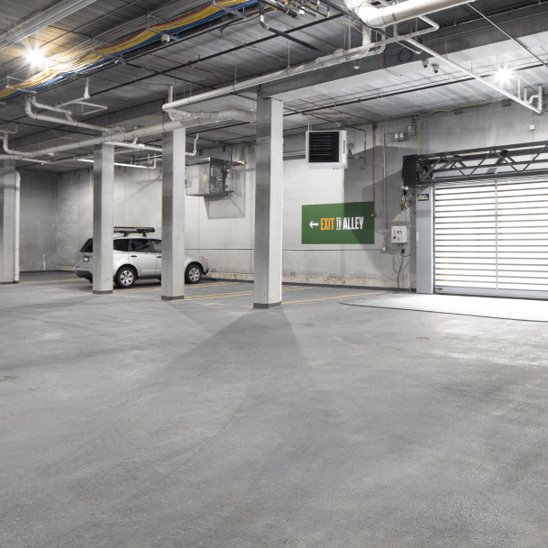 a car parked in a garage.